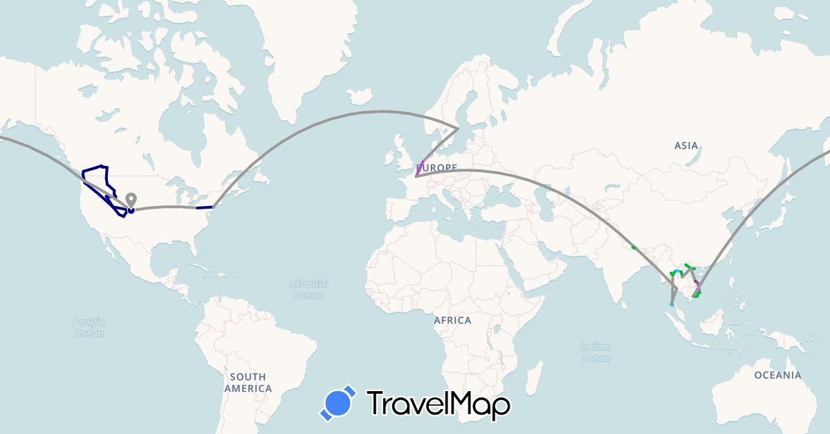TravelMap itinerary: driving, bus, plane, train, boat, motorbike in Canada, France, South Korea, Laos, Netherlands, Nepal, Sweden, Thailand, United States, Vietnam (Asia, Europe, North America)